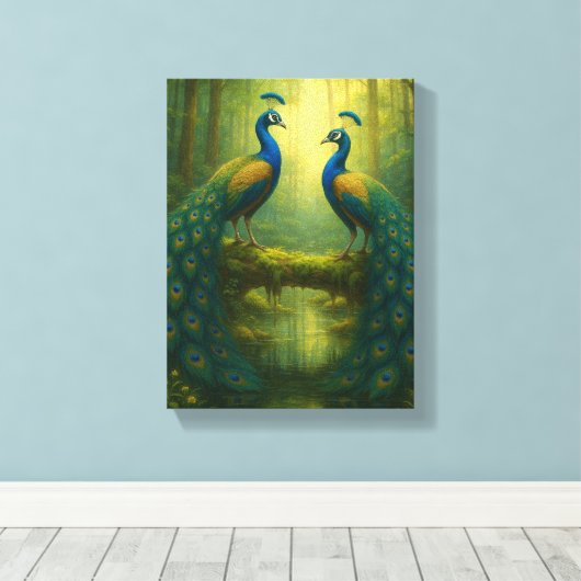 Peacock Pair in het betoverde bos Canvas Afdruk (Insitu (Houten vloer))