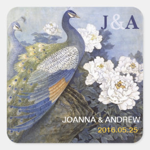 Peacock Pair Peony Blossoms Trouwgunsten Vierkante Sticker
