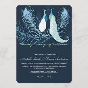 Peacock Pair Tortelduifjes Blue Wedding Invite Kaart