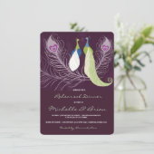 Peacock Pair Tortelduifjes Paarse repetitie Dinner Kaart (Staand voorkant)