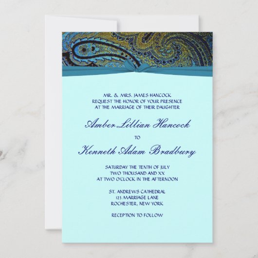 Peacock Paisley Blauwgroen Blue Wedding Invitation Kaart (Voorkant)