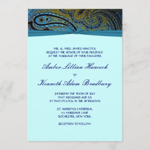 Peacock Paisley Blauwgroen Blue Wedding Invitation Kaart