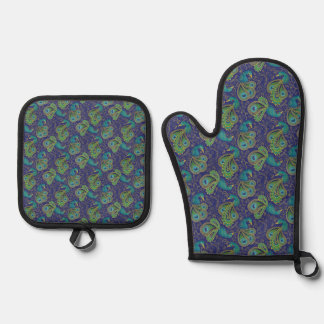 Peacock Paisley Pattern Blue Ovenwant & Pannenlap Set
