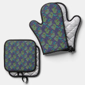 Peacock Paisley Pattern Blue Ovenwant & Pannenlap Set (Voorkant / Achterkant)