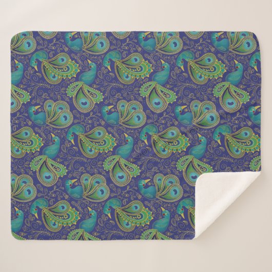 Peacock Paisley Pattern Blue Sherpa Deken (Voorkant (horizontaal))