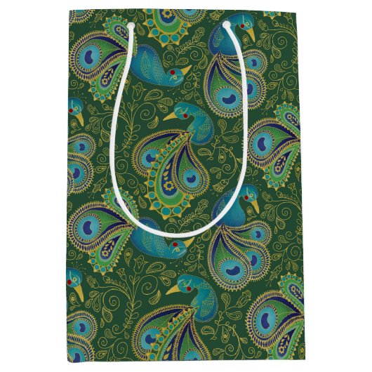 Peacock Paisley Pattern Green Medium Cadeauzakje (Voorkant)