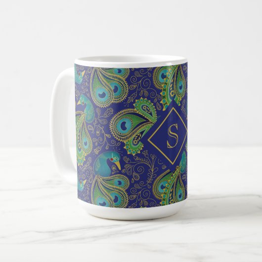 Peacock Paisley Royal Blue Monogram Koffiemok (Voorkant links)