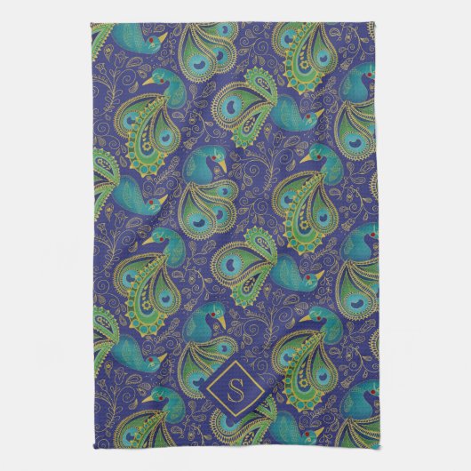 Peacock Paisley Royal Blue Monogram Theedoek (Verticaal)