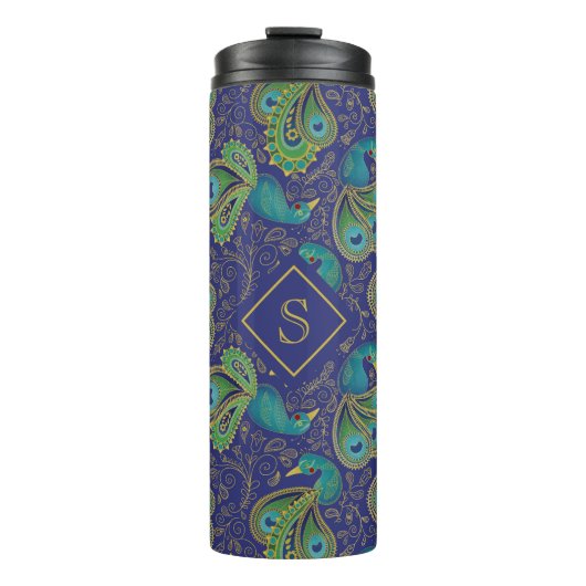 Peacock Paisley Royal Blue Monogram Thermosbeker (Voorkant)