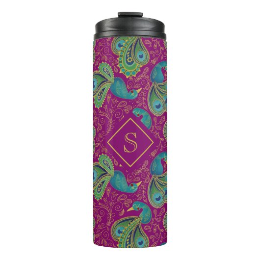 Peacock Paisley Royal Pink Fuchsia Monogram Thermosbeker (Voorkant)