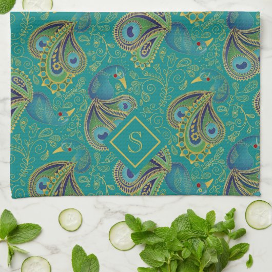 Peacock Paisley Royal Teal Monogram Theedoek (Gevouwen)