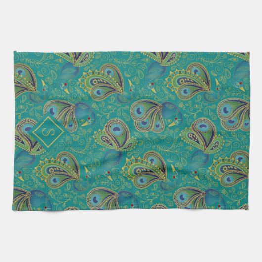 Peacock Paisley Royal Teal Monogram Theedoek (Horizontaal)