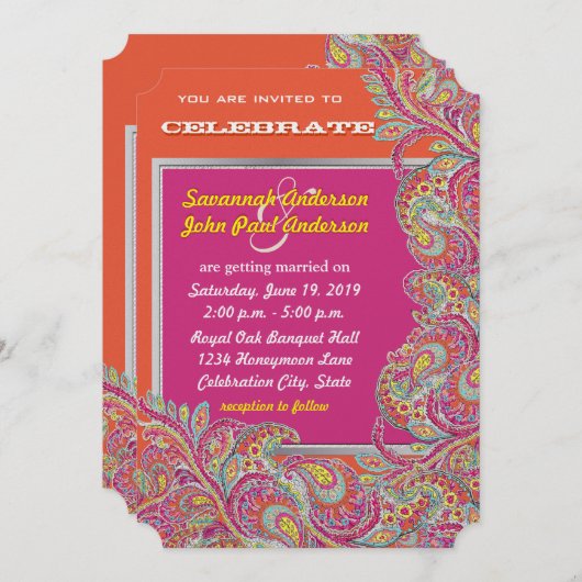 Peacock Paisley Tangerine Mustard Yellow Fuchsia Kaart (Voorkant / Achterkant)