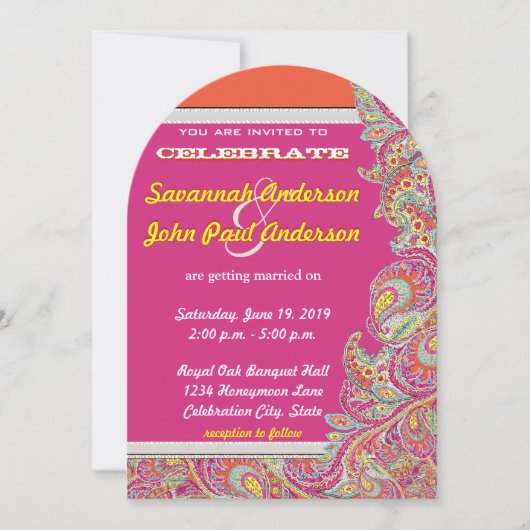 Peacock Paisley Tangerine Mustard Yellow Fuchsia Kaart (Voorkant)