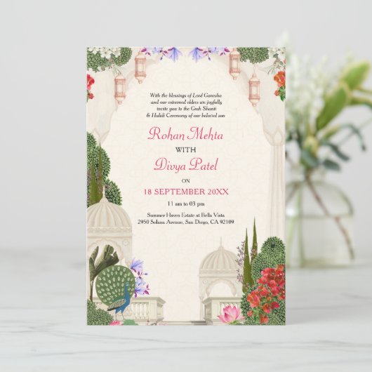 Peacock Palm Garden Indische kleurrijke bruiloft Kaart (Staand voorkant)