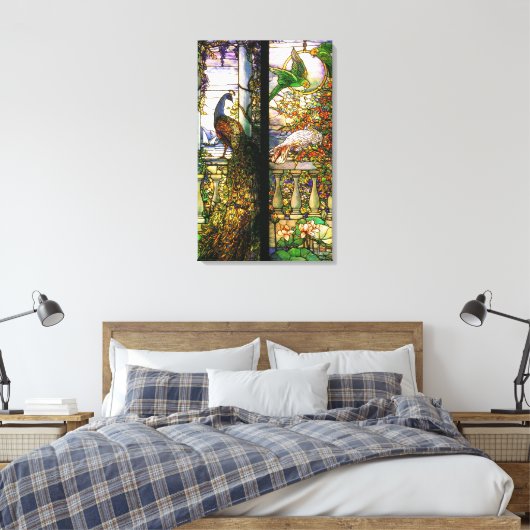 Peacock Parrot Bird Glas in lood Stretched Canvas Afdruk (Insitu (Slaapkamer))