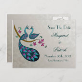 Peacock-Peahen Bewaar de datum Briefkaart, zilver Aankondigingskaart (Voorkant / Achterkant)