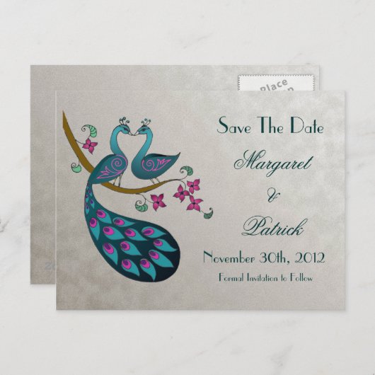 Peacock-Peahen Bewaar de datum Briefkaart, zilver Aankondigingskaart (Voorkant / Achterkant)