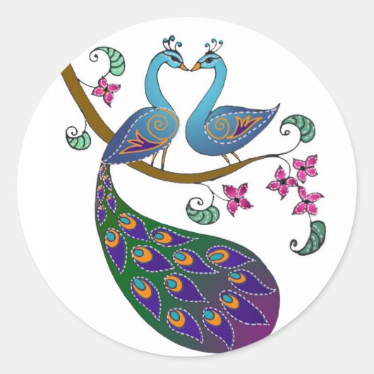 Peacock-peahen envelop seal sticker - kantha (Voorkant)
