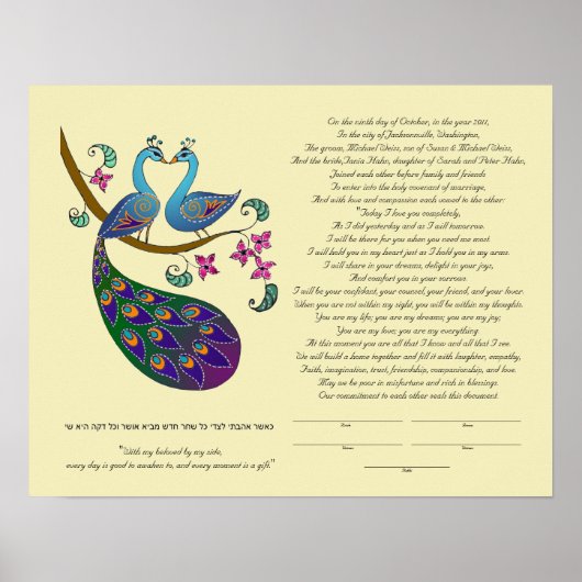 Peacock-Peahen in Love ketubah, kantha Poster (Voorkant)