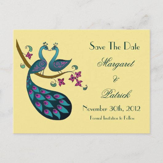 Peacock-Peahen Save the Date Briefkaart, stro Aankondigingskaart (Voorkant)