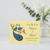 Peacock-Peahen Save the Date Briefkaart, stro Aankondigingskaart (Staand voorkant)