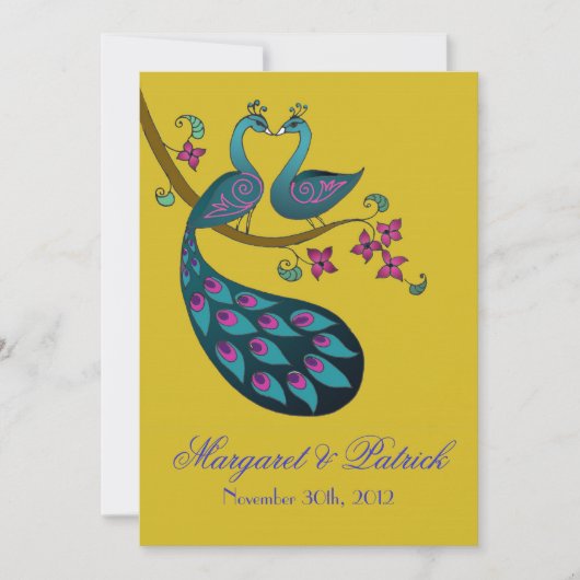 Peacock-Peahen sparen de Datum (mosterd) Save The Date (Voorkant)