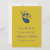 Peacock-Peahen sparen de Datum (mosterd) Save The Date (Achterkant)