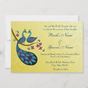 Peacock - Peahen Wedding-uitnodiging, mosterdgeel Kaart