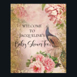 Peacock Peony Floral Blush Pink Gold Decoupage Tis Poster<br><div class="desc">Een elegant Baby shower Welkomstteken dat gepersonaliseerd is met de naam van je moeder. Elegant Peacocks werden in de waterverf geschilderd en vermengd met elegante blush roze pony florals, goudrollen en wervelingen en gecollageerd met subtiele ephemerelementen. Deze collage werd grafisch ontworpen door een internationaal erkende kunstenaar en ontwerper, Audrey Jeanne...</div>