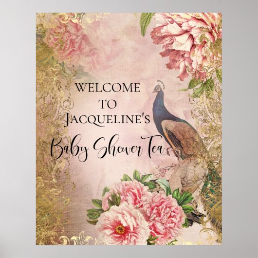 Peacock Peony Floral Blush Pink Gold Decoupage Tis Poster (Voorkant)