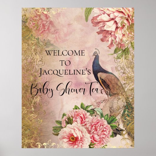 Peacock Peony Floral Blush Pink Gold Decoupage Tis Poster (Voorkant)