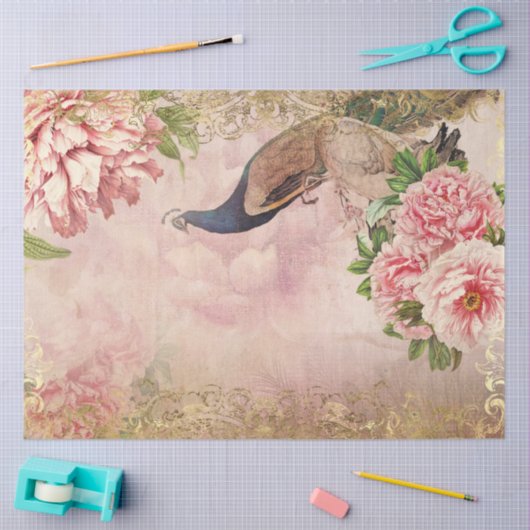 Peacock Peony Floral Blush Pink Gold Decoupage Tissuepapier (Craft)