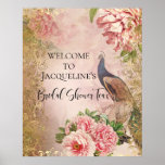 Peacock Pioen Bloemen Roze Goud Vrijgezellenfeest  Poster<br><div class="desc">Een elegant Vrijgezellenfeest Tea Welcome-bord (we hebben ook andere bewoordingen beschikbaar) dat is gepersonaliseerd met de naam van je aanstaande moeder. Elegante Peacocks werden geverfd in waterverf en gemengd met sierlijke blush roze pioenrozen bloemblaadjes, gouden rollen en wervelingen en samengespannen met subtiele efemera-elementen. Deze collage werd grafisch ontworpen door de...</div>