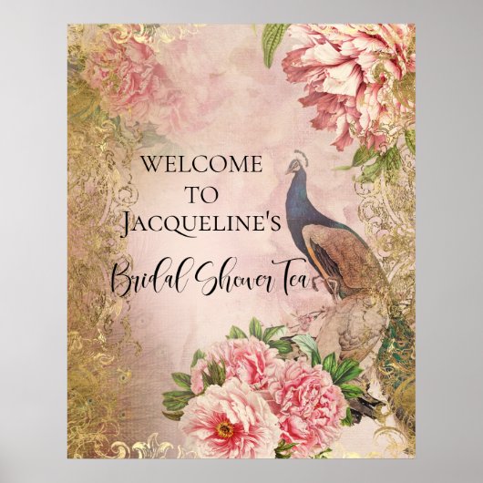 Peacock Pioen Bloemen Roze Goud Vrijgezellenfeest  Poster (Voorkant)