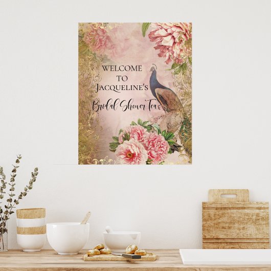 Peacock Pioen Bloemen Roze Goud Vrijgezellenfeest  Poster (Keuken)