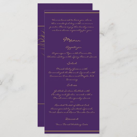 Peacock Pluim in Goud en Paarse Plum Menu (Voorkant / Achterkant)