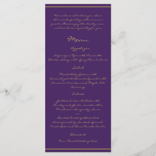 Peacock Pluim in Goud en Paarse Plum Menu (Voorkant)