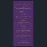 Peacock Pluim in Goud en Paarse Plum Menu<br><div class="desc">Eenvoudig, maar elegant. Dit trouwontwerp genaamd Peacock Plume in Gold en Paarse Plum, heeft een paarse achtergrond en een gouden vrek veer. Als u dit ontwerp in een verschillende kleur nodig hebt, gelieve me te contacteren.Deze reeks heeft uitnodigingen, sparen de datumkaarten, reactiekaarten, dank u kaarten, de kaarten van het lijstaantal...</div>