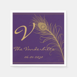 Peacock Pluim in Gouden en Paarse Pruim Servet
