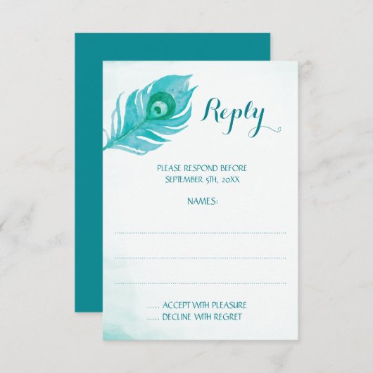 Peacock Pluim Monogram Bruiloft Antwoord Kaarten (Voorkant / Achterkant)
