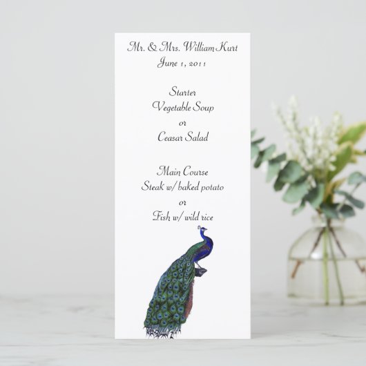 Peacock Plume bruiloft receptie menu (Staand voorkant)