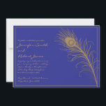 Peacock Plume bruiloft uitnodiging<br><div class="desc">Eenvoudig, maar elegant. Dit trouwontwerp, Peacock Plume in Gold en Navy Blue, heeft een blauwe achtergrond voor de marine en één gouden vrek veer. Als u dit ontwerp in een verschillende kleur nodig hebt, gelieve me te contacteren.Deze reeks heeft uitnodigingen, sparen de datumkaarten, reactiekaarten, dank u kaarten, de kaarten van...</div>