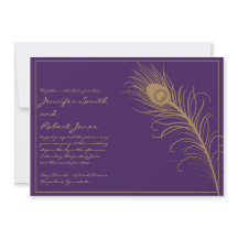 Peacock Plume in Gold and Plum Wedding Invitation
