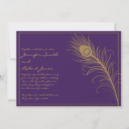Peacock Plume in Gold and Plum Wedding Invitation Kaart