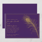 Peacock Plume in Gold and Plum Wedding Invitation Kaart (Voorkant / Achterkant)