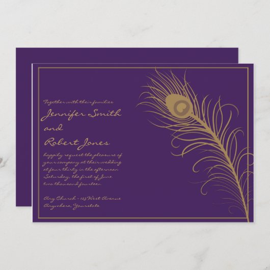 Peacock Plume in Gold and Plum Wedding Invitation Kaart (Voorkant / Achterkant)