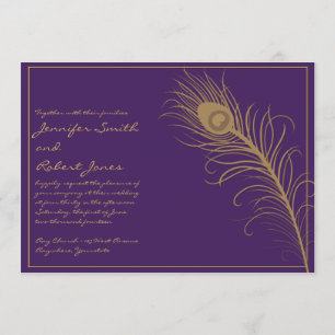 Peacock Plume in Gold and Plum Wedding Invitation Kaart