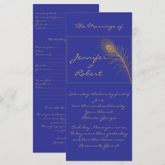 Peacock Plume in Gold en Navy Blue-programma Programmakaart (Voorkant / Achterkant)