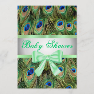 Peacock Print Green Bow Baby shower Invitation Kaart